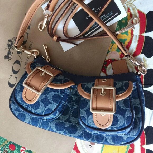 Coach Denim Blue and Tan Buckle Shoulder Bag - Picture 1 of 9